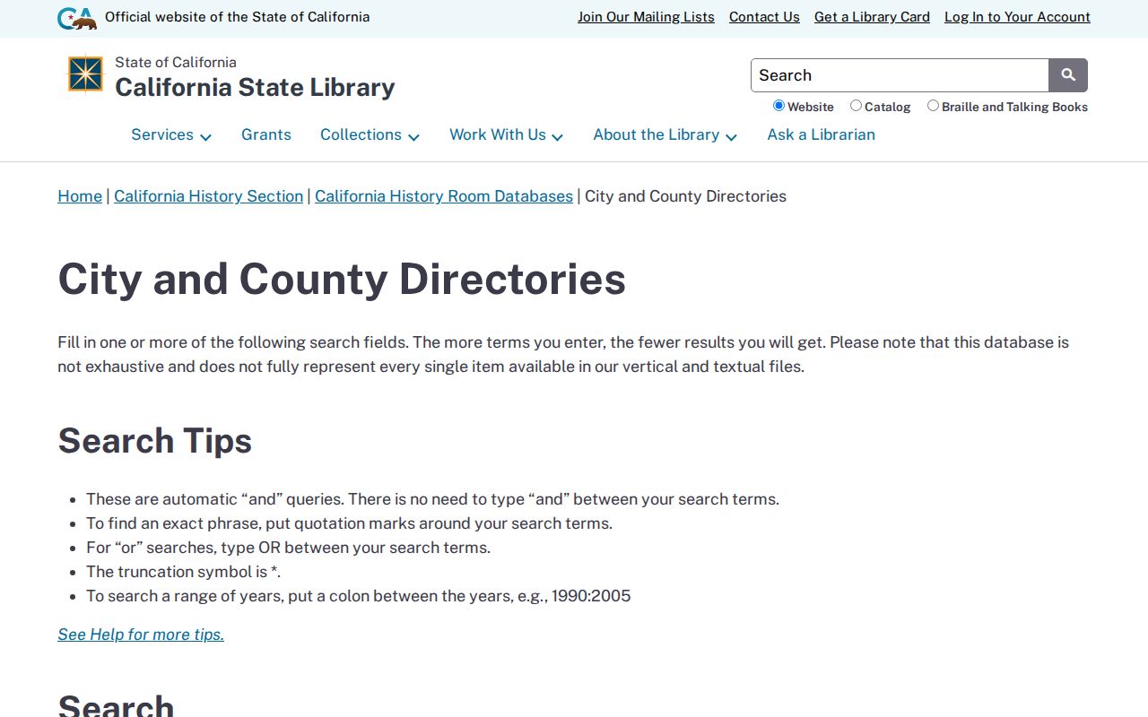 Corcoran city directory source showing the California State Library directory database