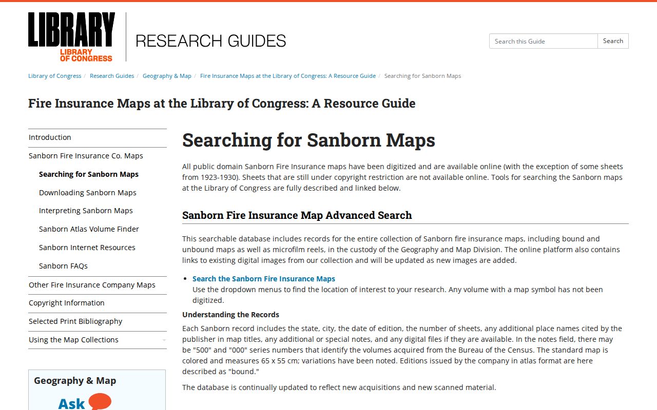 Corcoran city directory research source showing the Library of Congress Sanborn map search guide