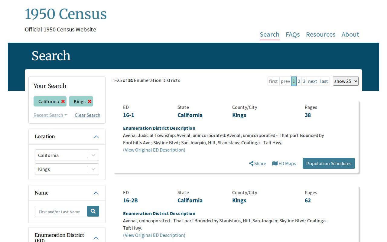 Corcoran city directory research source showing the NARA 1950 Kings County census search